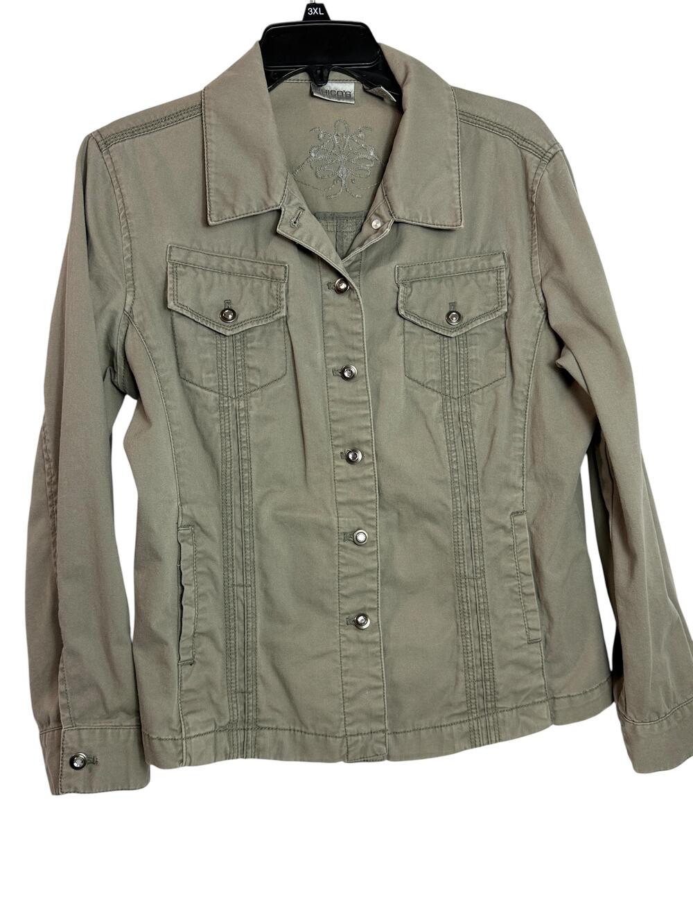 Chico's Jacket Womens 1 Gray Stretch Twill Rhinestone Embroidered Snap Front
